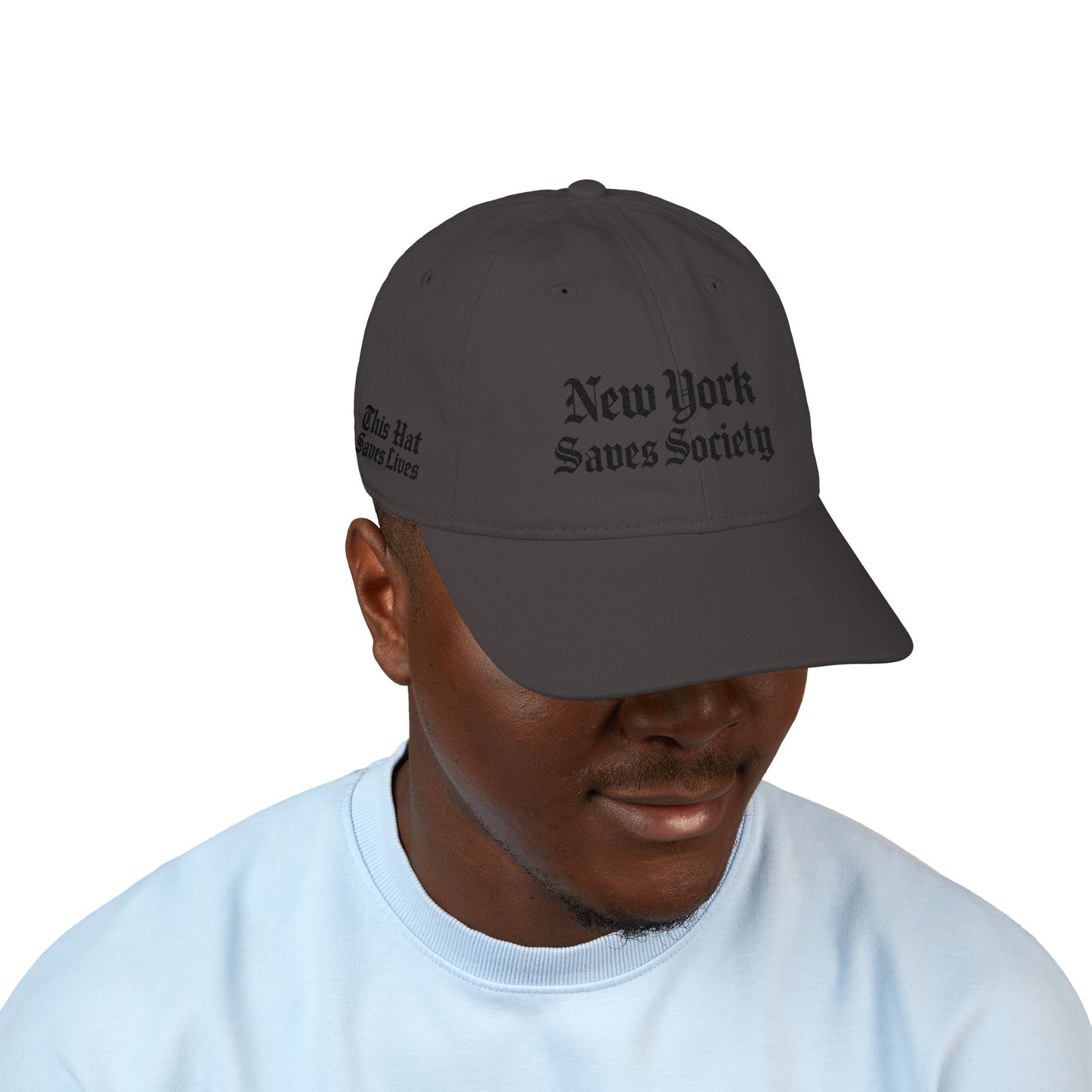 New York Saves Society | Organic Embroidered Baseball Cap | Charcoal | Old English Logo | Free Palestine Collection