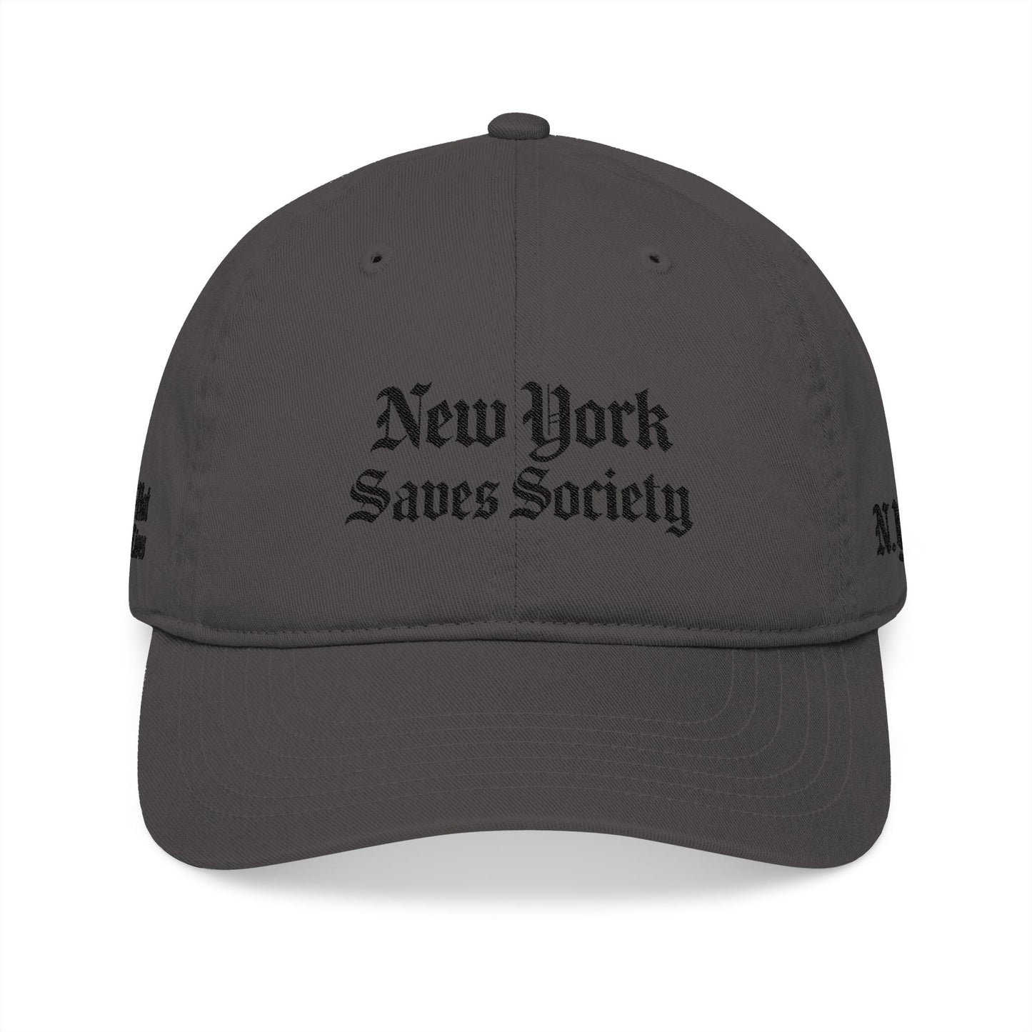 New York Saves Society | Organic Embroidered Baseball Cap | Charcoal | Old English Logo | Free Palestine Collection