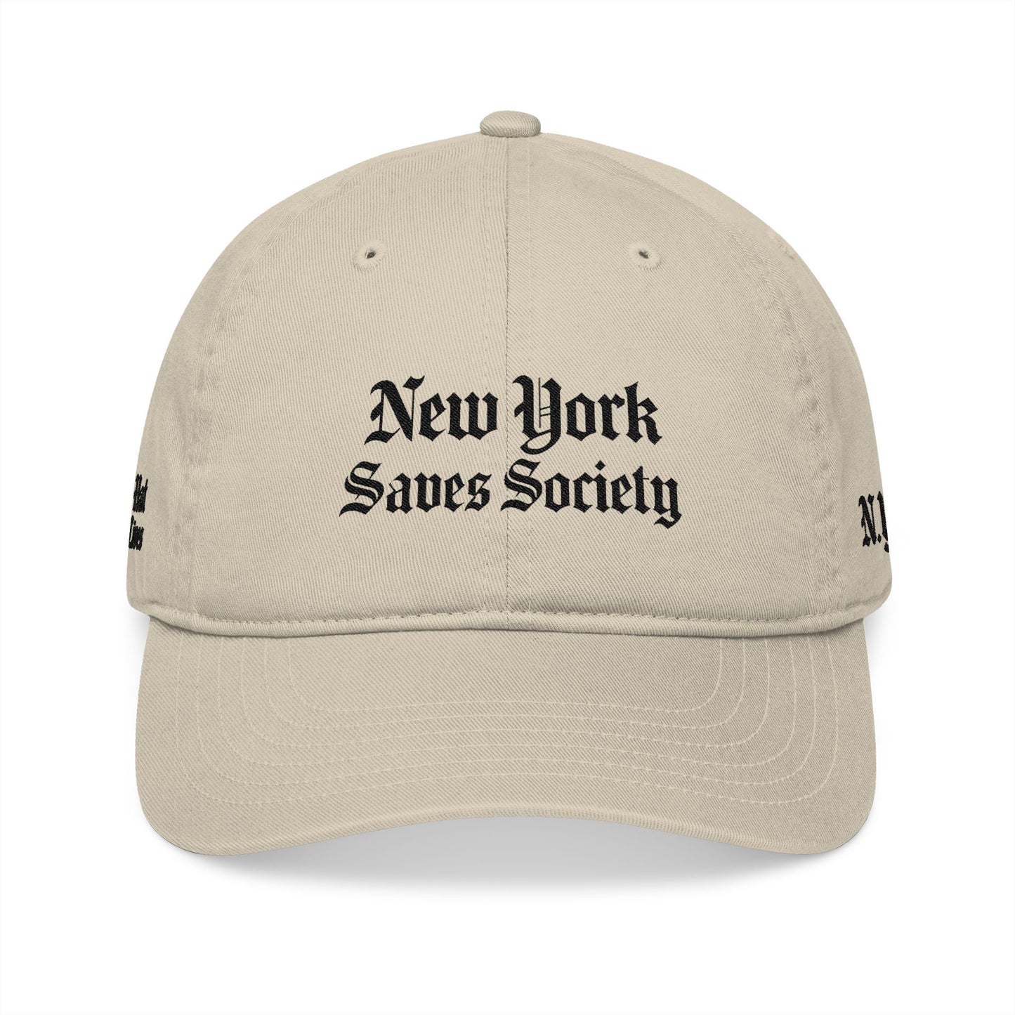 New York Saves Society | Organic Embroidered Baseball Cap | Oyster | Old English Logo | Free Palestine Collection