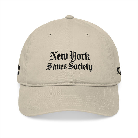 New York Saves Society | Organic Embroidered Baseball Cap | Oyster | Old English Logo | Free Palestine Collection